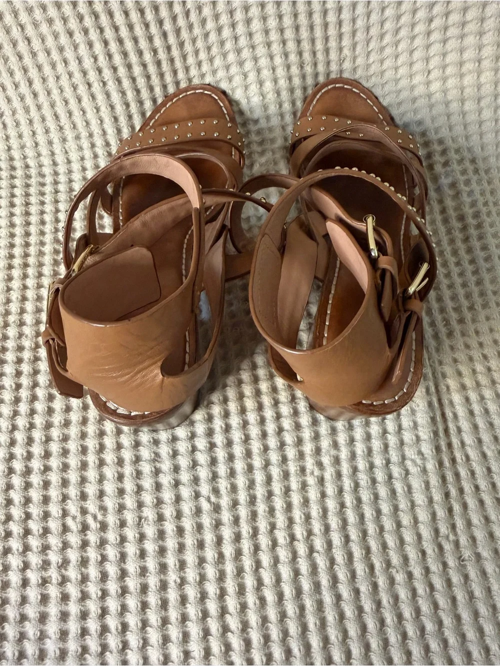 Sigerson Morrison Studded Leather Block Heel Sandals Tan Size 9B Designer Shoes - Picture 9 of 11